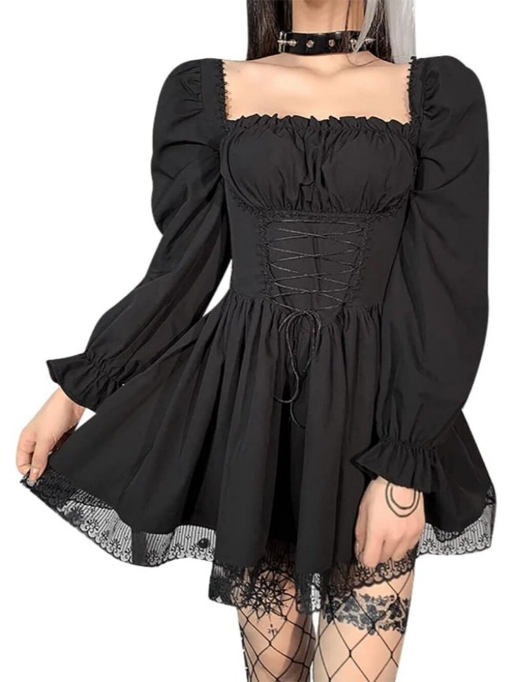 Women's Gothic Vintage Black Lace Long Sleeve Grunge Punk Cosplay Party Dress